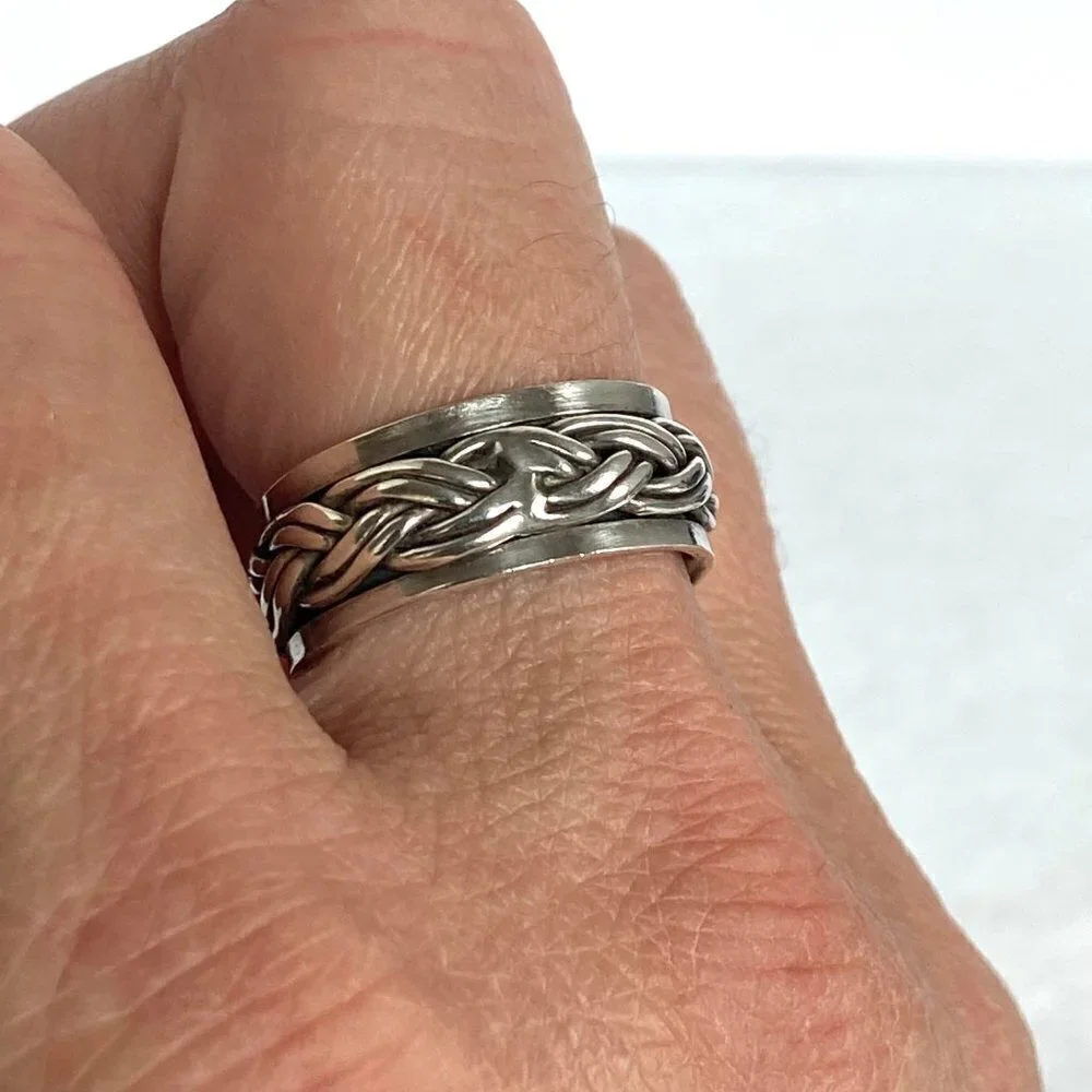 Sterling Silver 925 8MM Unisex Braided Rope Wide Band Spinner Ring Size 8.25 8g